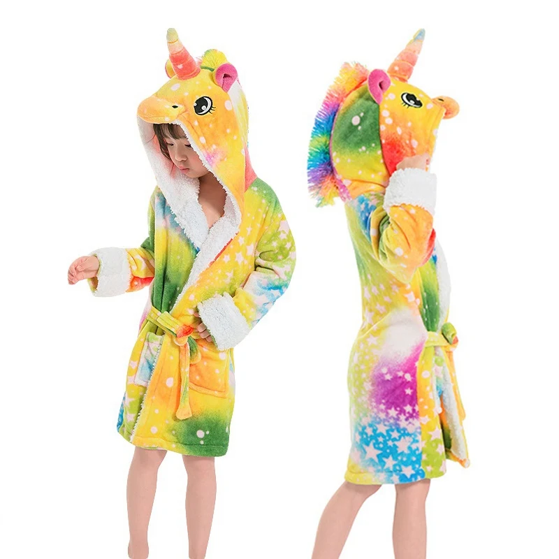 colorful with fur Детские Банные халаты для девочек; Детские пижамы с капюшоном и изображением животных; пляжное полотенце для мальчиков; банный халат; Пижама с единорогом; одежда для сна для малышей; одежда для детей - Цвет: colorful with fur