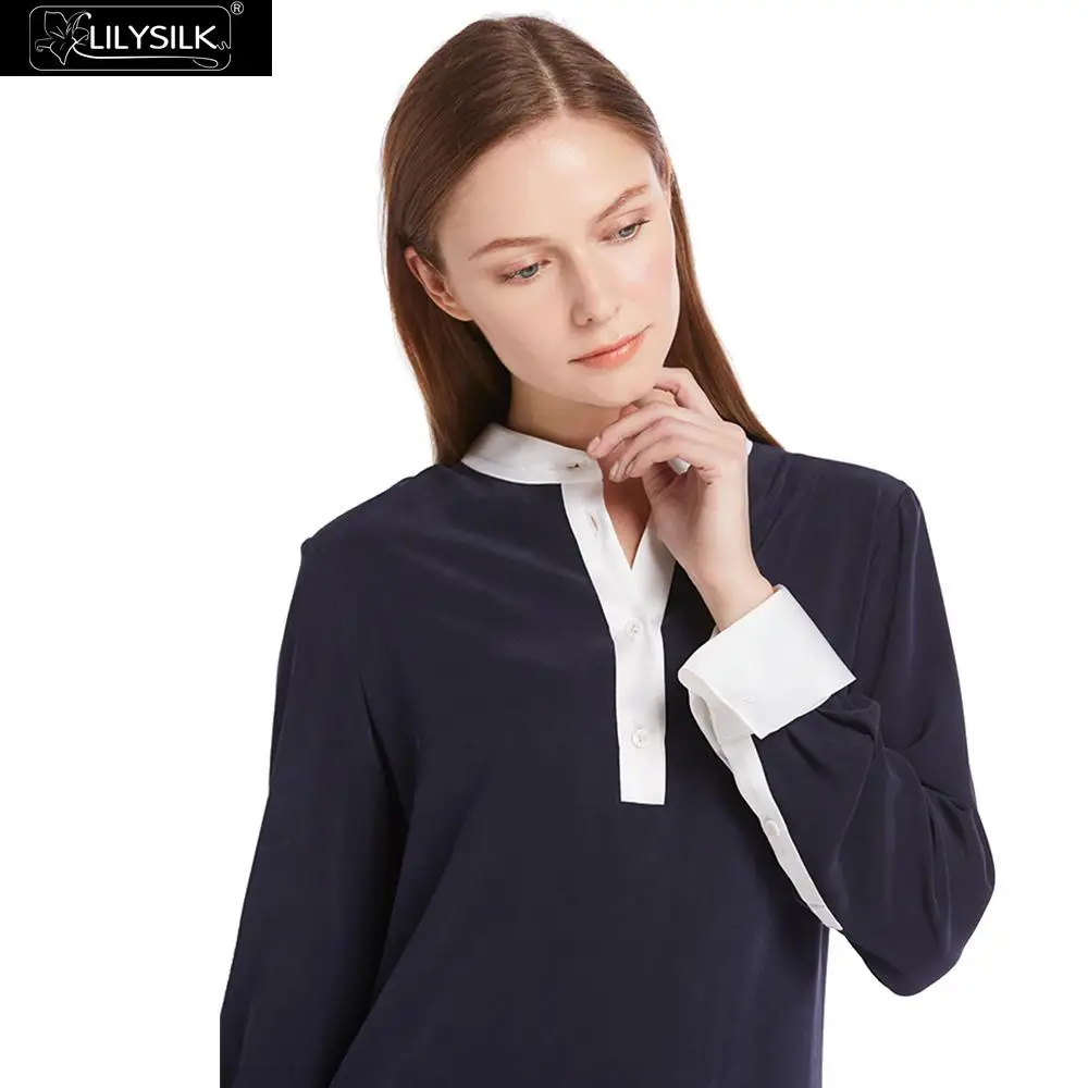 LILYSILK 23mm Pull Over Color Block Silk Shirts 100% Charmeuse On Collar& Cuff Sand Washed NEWS Free Shipping|silk shirt|shirt silkshirt shirt |