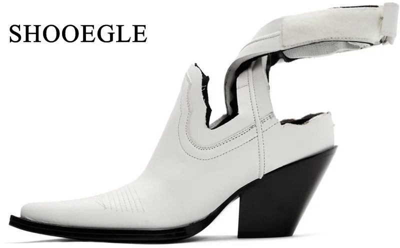 Zapatos mujer; ковбойские ботинки для подиума в западном стиле; женская кожаная обувь с перекрестными ремешками; Полусапоги на среднем каблуке с вышивкой; женская обувь на танкетке