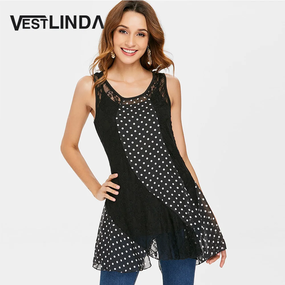 Женская кружевная блузка без рукавов VESTLINDA Повседневная летняя в горошек женская