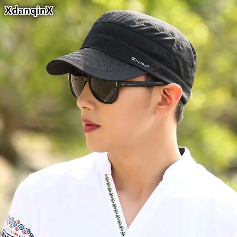 

XdanqinX Adjustable size Men's Mesh Hat Ultra-thin Breathable Army Military Hats Snapback Cap Elegant Men Flat Cap Dad's Hat