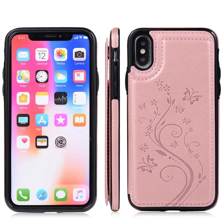 Rose gold Tikitaka Butterfly Pattern Wallet Case For iPhone 7 8 Plus XR XS Max Magnet Leather Flip Cases For iPhoneX 7Plus 6 6S Plus Cover - Color: Rose gold