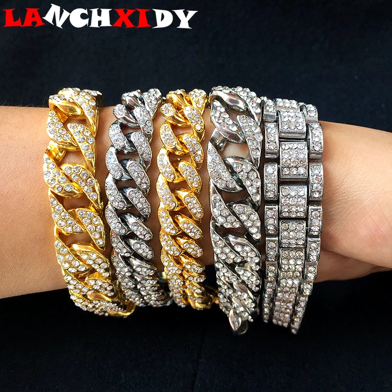 Мужской браслет в стиле хип-хоп из толстой меди со стразами 20 см Золотое и