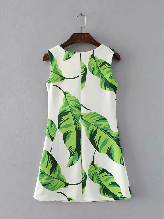 Hot Sale Summer Slim Mini Dresses Women Sleeveless Leaves Printed Elegant Party Dress Fashion Casual Vestidos BG75172-0614 | Женская