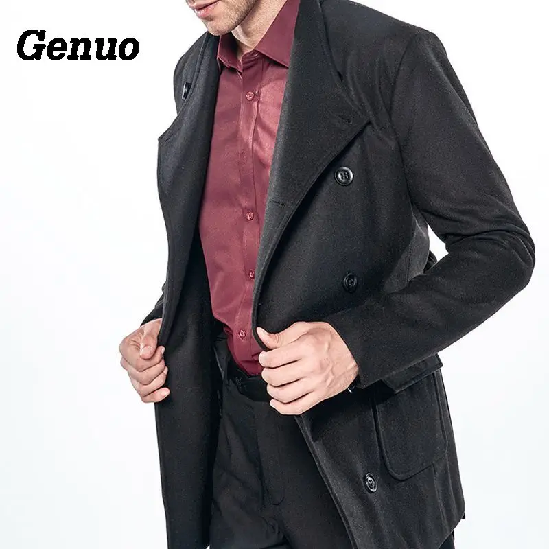 Genuo, осенне-зимнее пальто, мужские повседневные шерстяные куртки, пальто, Мужская одежда, Hombre, мужские шерстяные пальто, парка с поясом - Цвет: Черный