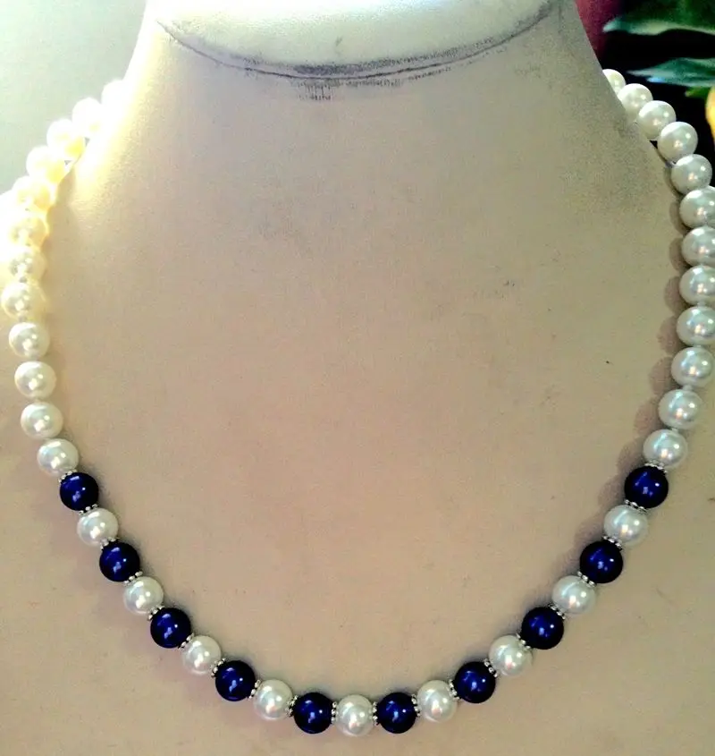 

free shipping >> Charming 8mm White/Blue Shell Pearl Necklace 18" AAA J3