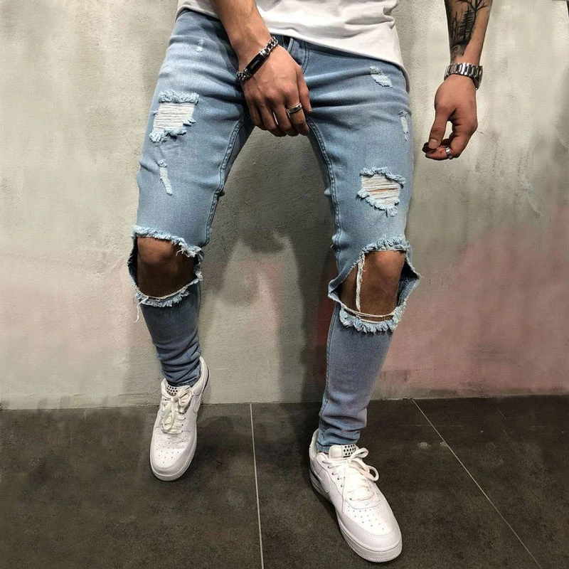 Men Slim Fashion Knee Ripped Jeans high stretch Skinny distressed Destroyed blue Denim Joggers Hip-hop Swag Hole Biker Jeans