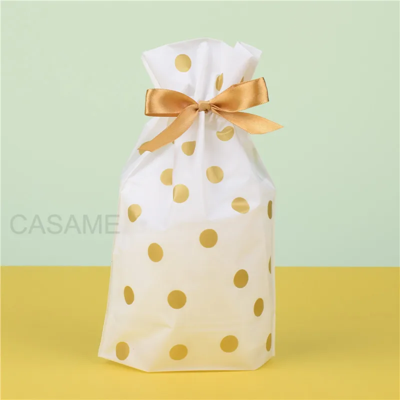 50 шт./лот белая пластиковая сумка на шнурке в Золотой горошек с лентами конфетные