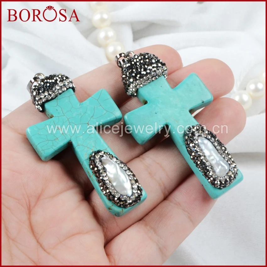 BOROSA 10 шт. крест Синий Бирюзовый говлит с натуральным жемчугом Кулон проложенный