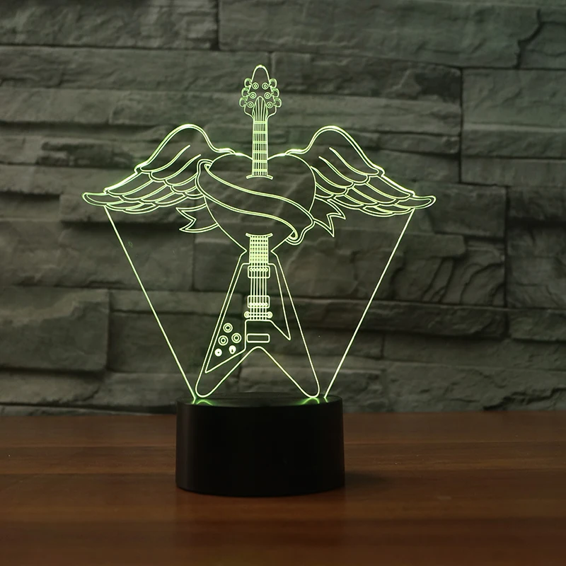Красочные 3D USB Ночной светильник в форме сердца с крыльями ангела гитары литье