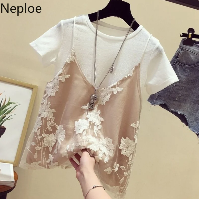 Neploe, летняя женская футболка из 2 частей, плюс размер, свободная Корейская одежда, одноцветная футболка, кружевная Цветочная майка, женские майки и футболки 39146