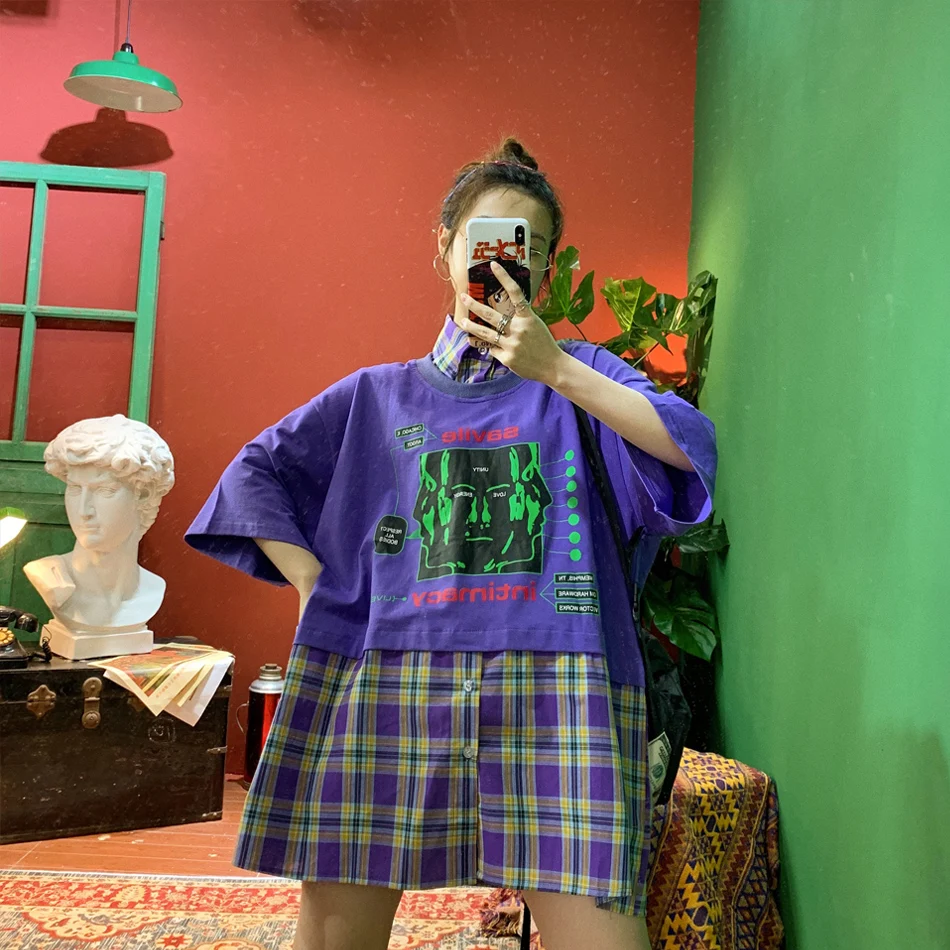 Уличные хип хоп Ретро два предмета в клетку BF бойфренд Большой размер с коротким