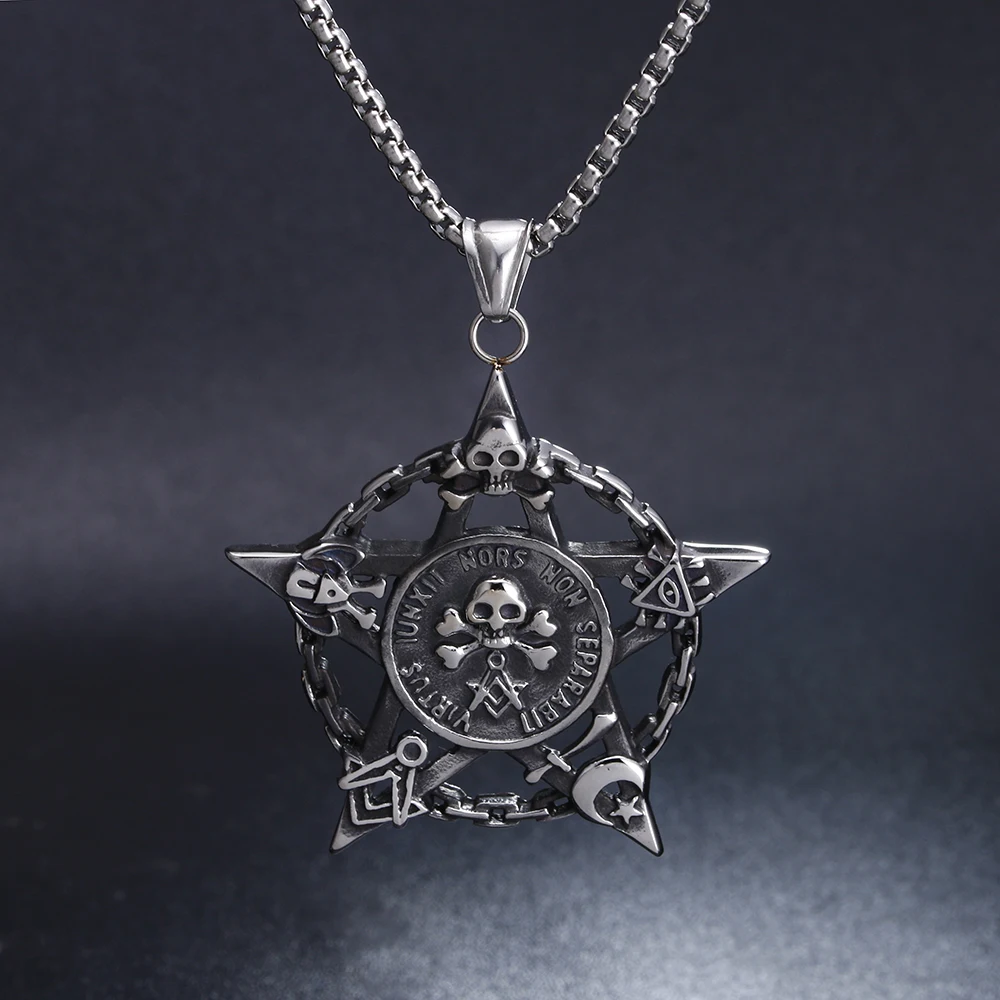 Мужская цепочка с подвеской череп Pentacle Moon Star Masonic Magic Titanium пентаграмма из