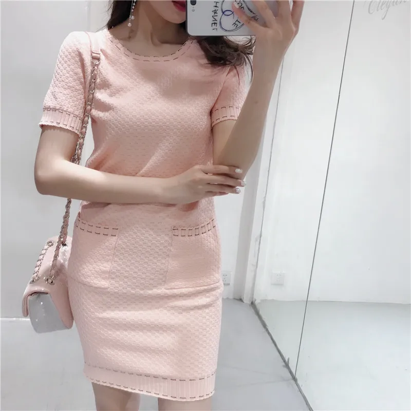 ALPHALMODA Autumn Winter Elegant Knitted Cardigans+ Short-sleeved Knit Dress Women OL Casual Suits