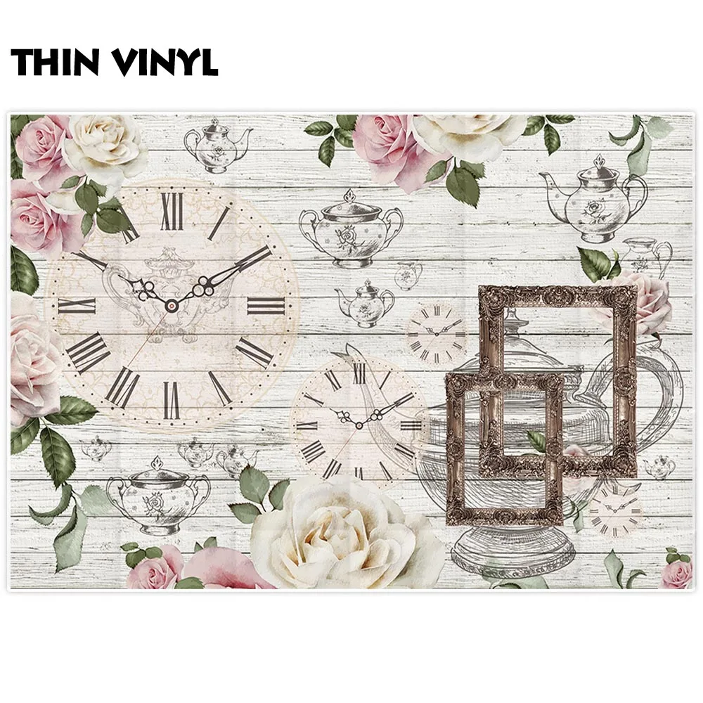 Allenjoy photography backdrop Tea party wooden board flower teapot clock background photo frame photobooth photocall props | Электроника