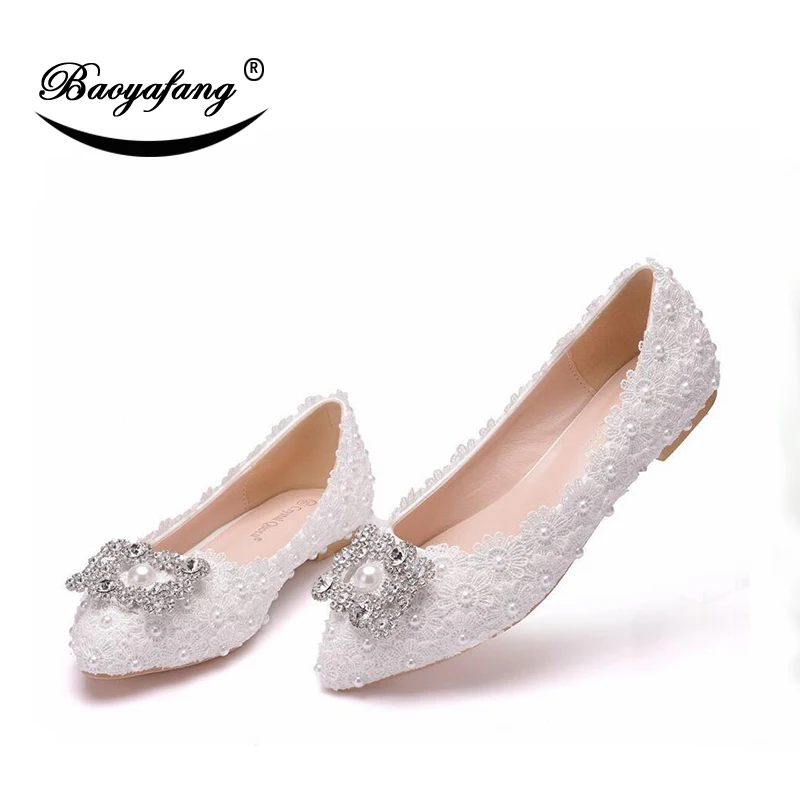 Lady's White Lace Bride's Wedding Shoes Large flat-soled Bridesmaid shoes Fashion Square Button Drill Single Shoes