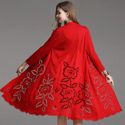 Casacos Feminino, весна-лето, модный длинный кардиган, пальто для женщин, с вышивкой, винтажное пальто, верхняя одежда для женщин, 5XL - Цвет: red