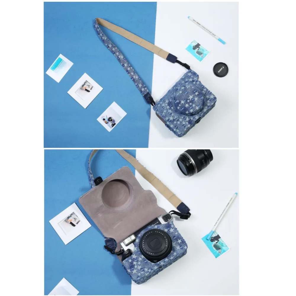 Синяя джинсовая сумка для камеры чехол защитный и плечевой ремень Fujifilm Instax Wide 300