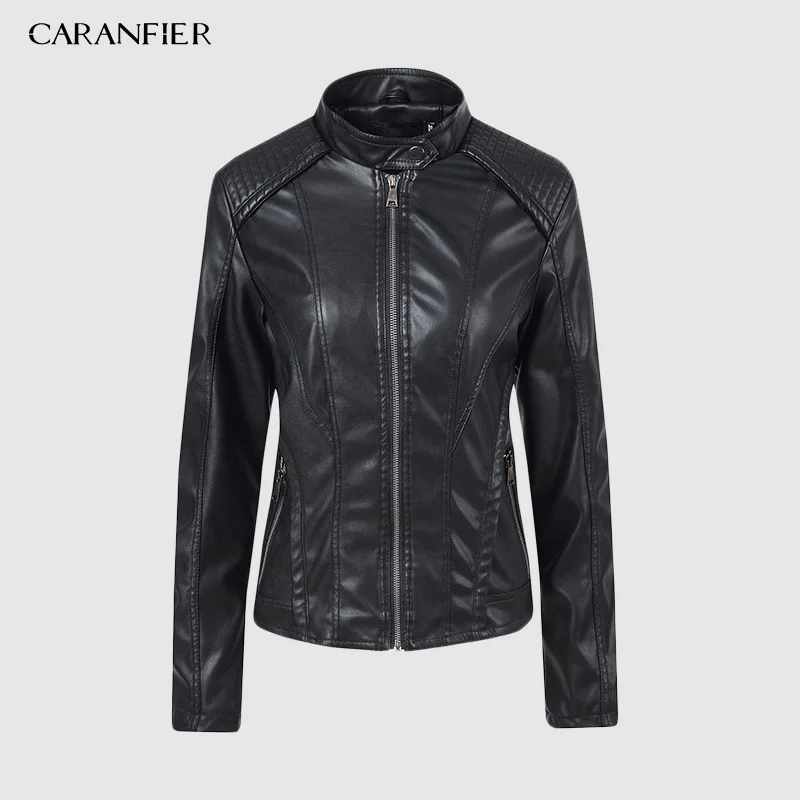 Черный CARANFIER новые модные женские гладкие Мотоциклетные Куртки из искусственной кожи женские с длинным рукавом осенние зимние байкерские уличные пальто - Цвет: Черный