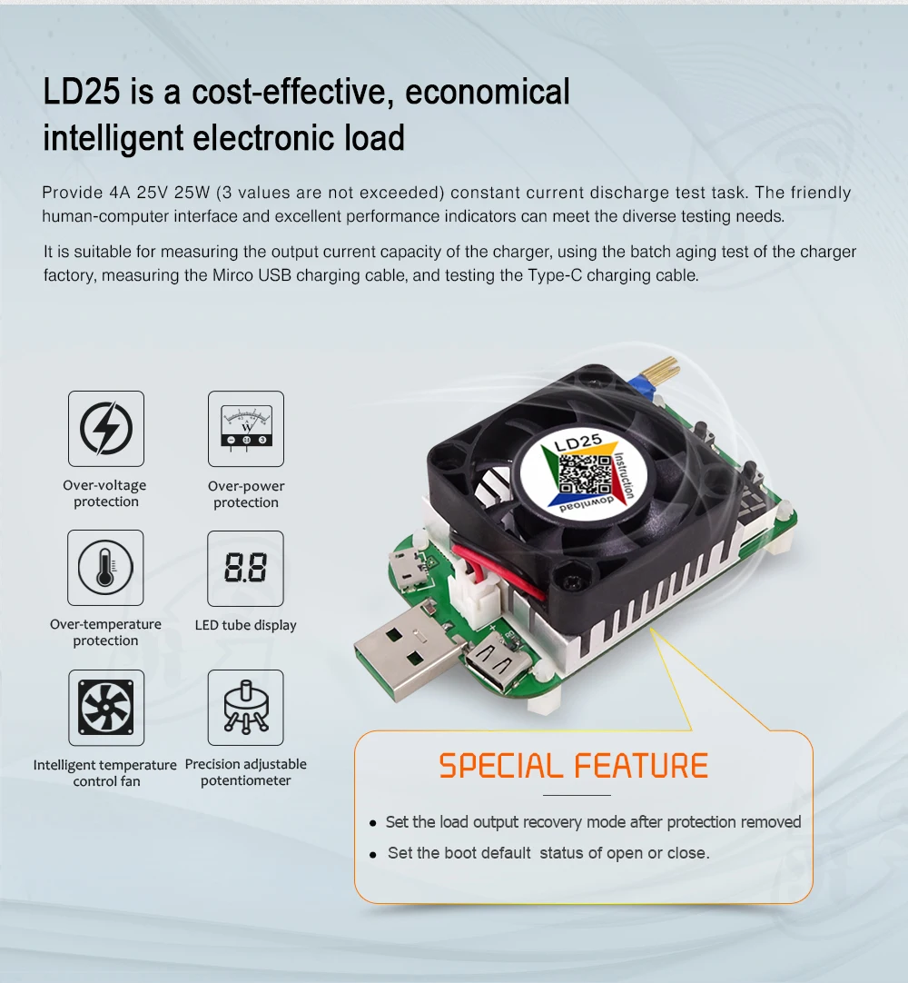LD25 LD35 электронный нагрузочный резистор USB интерфейс разрядка батареи тест светодиодный дисплей вентилятор регулируемое напряжение тока 25 Вт/35 Вт