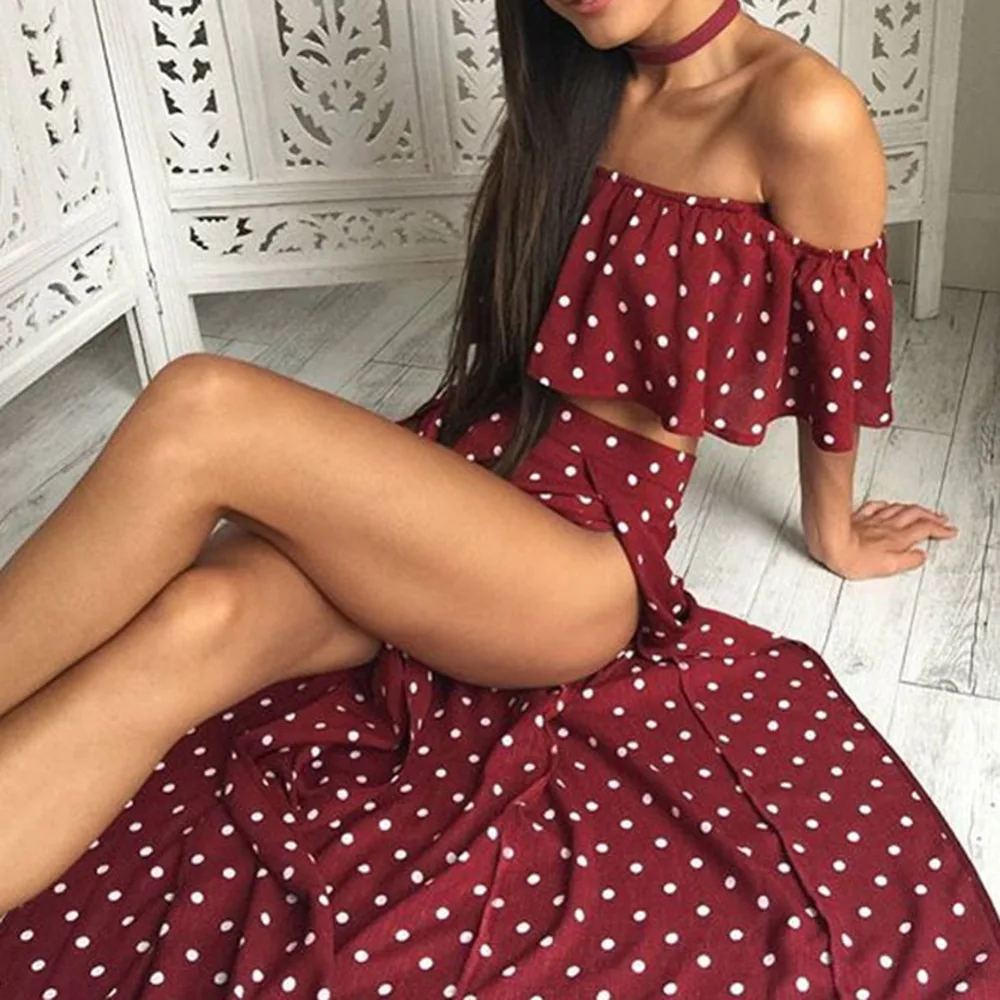 Для женщин 2018 с открытыми плечами красный винтаж в горошек длинное платье летние