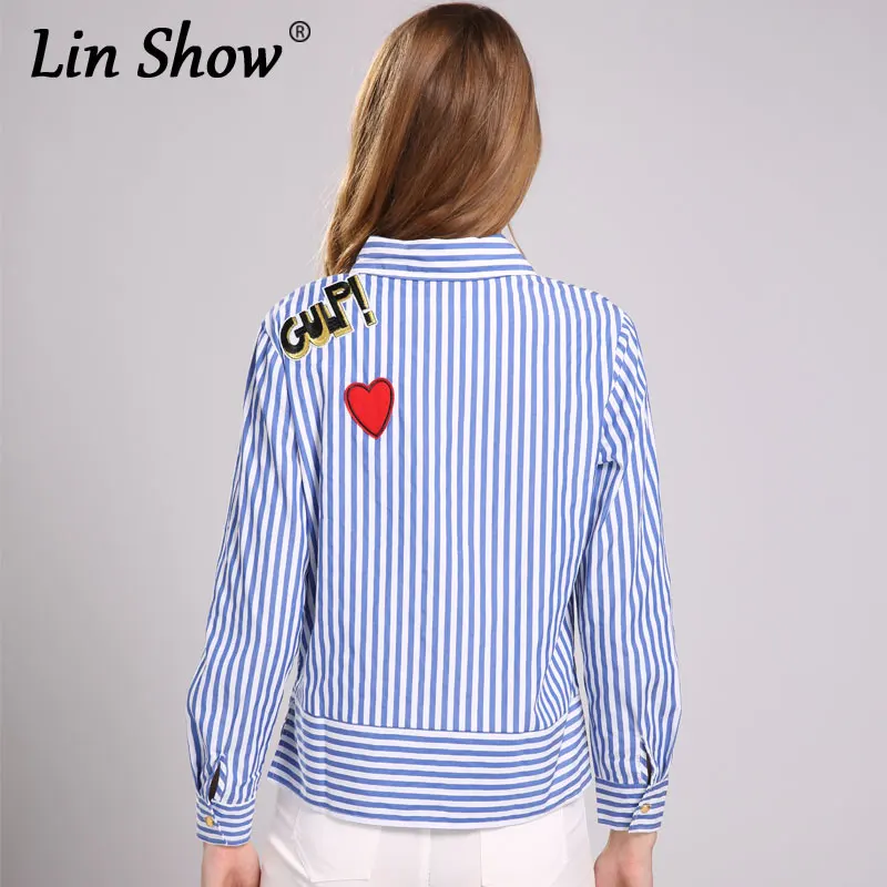 Linshow мультфильм вышивка Синий Полосатый Женщины блузка кнопки Карманы с длинным