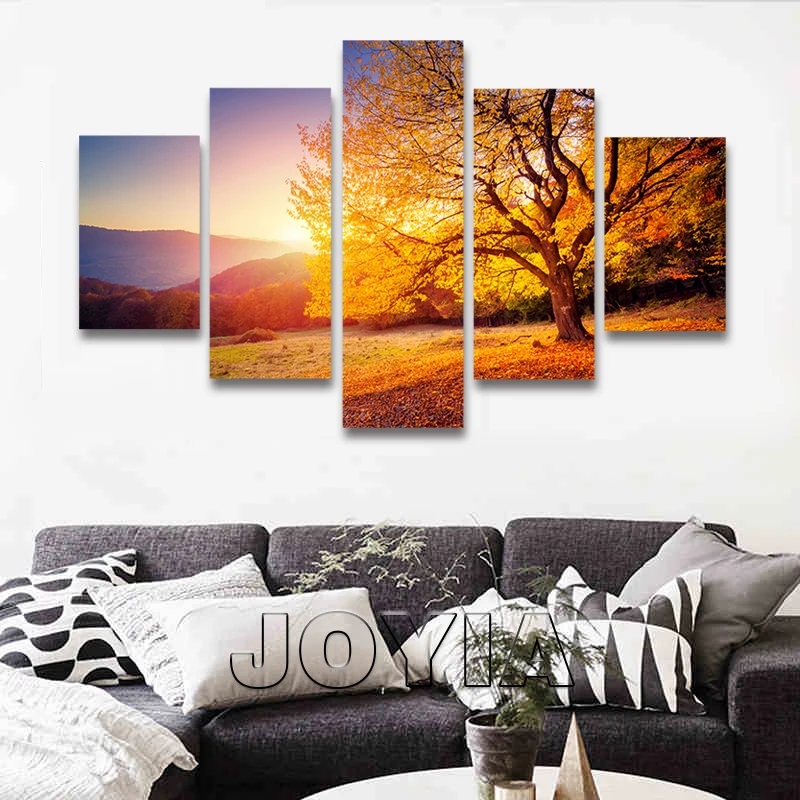 5 Pieces Yellow Tree Canvas Print Landscape Wall Painting Autumn Sunshine Art Pictures For Living Room Home Decors No Frame | Дом и сад