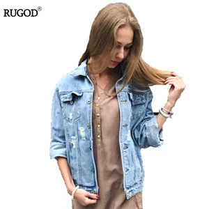 Rugod оптовая продажа одноцветное пальто Осенне-зимняя Дамская обувь рваные джинсовая куртка Femme в винтажном стиле, с длинным рукавом джинсовая куртка-бомбер повседневное пальто джинсовая куртка женская