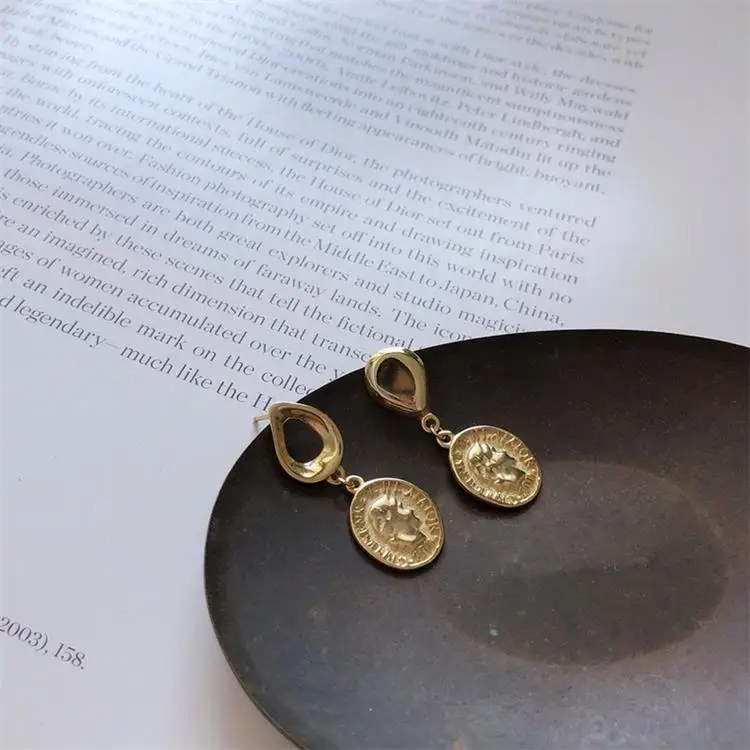 LouLeur, настоящее 925 пробы, серебряные Висячие серьги, Sixpence, монета, портрет, Винтажные серьги для женщин, ювелирное изделие, для вечеринки, для девушек, подарки, бижутерия - Цвет камня: gold color