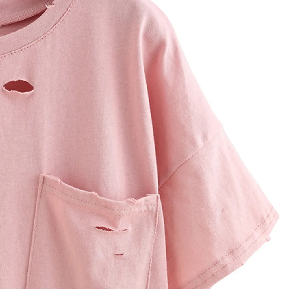 Women Loose Short Sleeve T Shirt Hole Solid Casual Girls Female Pocket Stylish Fashion Cotton Top Pink Sweet | Женская одежда