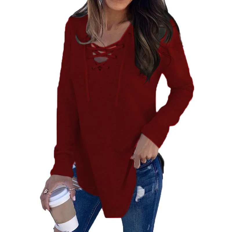 Dark Red SHUJIN, модные женские футболки с длинным рукавом, осенне-зимние сексуальные бандажные рубашки с глубоким v-образным вырезом, женские топы на шнуровке, футболки, одежда - Цвет: Dark Red