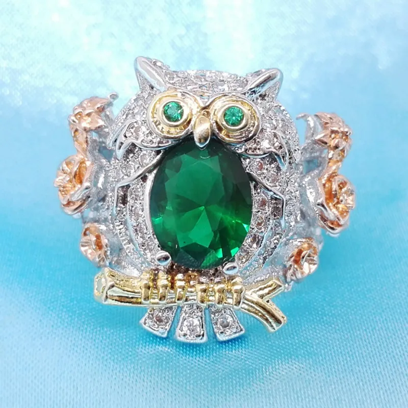 Skute Fashion Micro Inlay Zircon Green CZ Stone Crystal Rhinestone Owl Design Ring for Women Men Wedding Engagement Jewelry | Украшения и