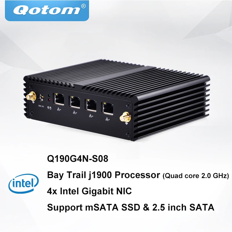Qotom Mini PC Q190G4N с 4 портами Gigabit lan для создания роутера, безвентиляторный четырехъядерный мини-ПК Bay Trail j1900 2,42 ГГц