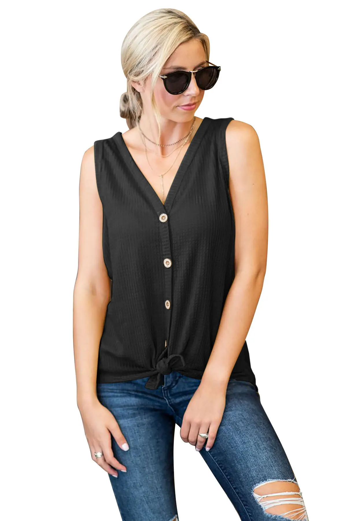 Женский топ на пуговицах BellFlower однотонный с v-образным вырезом и асимметричным