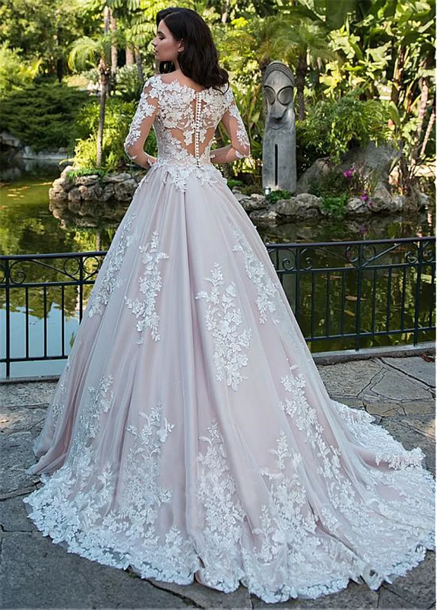 Очаровательные тюлевые Свадебные платья а силуэта с вырезом Лодочка и кружевной аппликацией темно бежевые