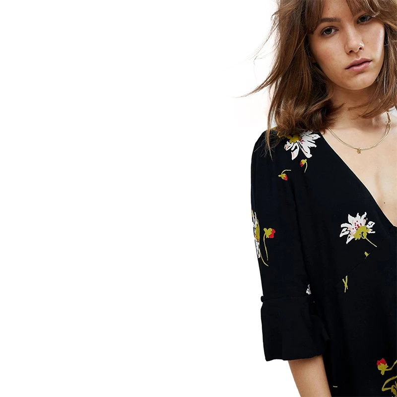 SheInGirl Women Casual Loose Floral Print Black Wrap Knee-Length Dress Deep V Neck Half Sleeve Straight On Beach | Женская одежда