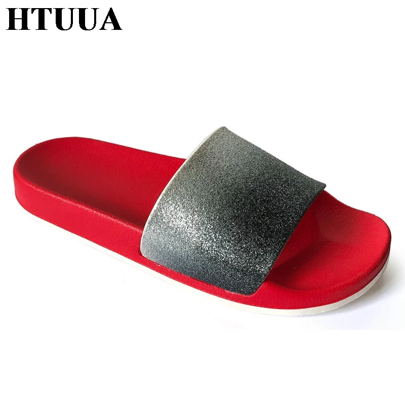 HTUUA/Новинка 2019 года женские шлепанцы летние без задника с блестками пляжные