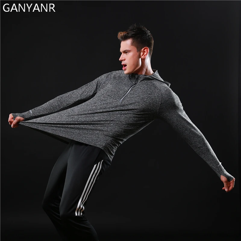 Ganyanr бренд Бег футболка Для мужчин спортивная Фитнес бег футболки Slim Fit Quick Dry Fit с длинным рукавом спортивная толстовка с капюшоном спортивный