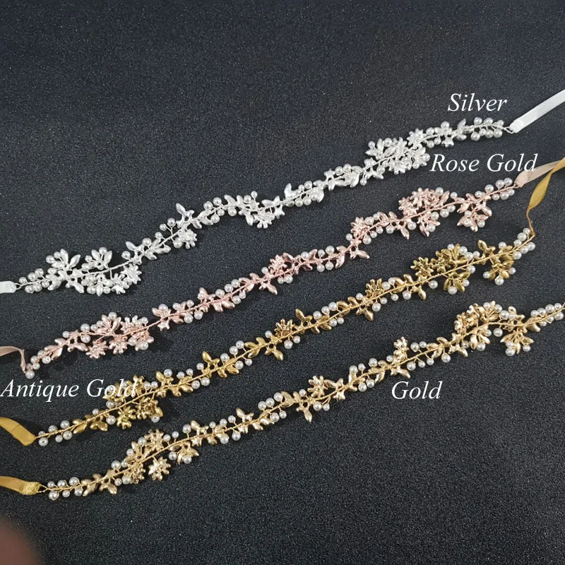 SLBRIDAL Античная Золотая лента Ручной Работы Стразы кристалл жемчуг Цветочная