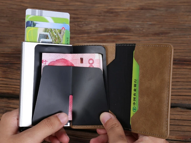 Новое поступление мужской блокирующий Rfid кошелек мини кожаный бизнес алюминиевый кредитный держатель для карт кошелек автоматически скользящий Чехол для карт