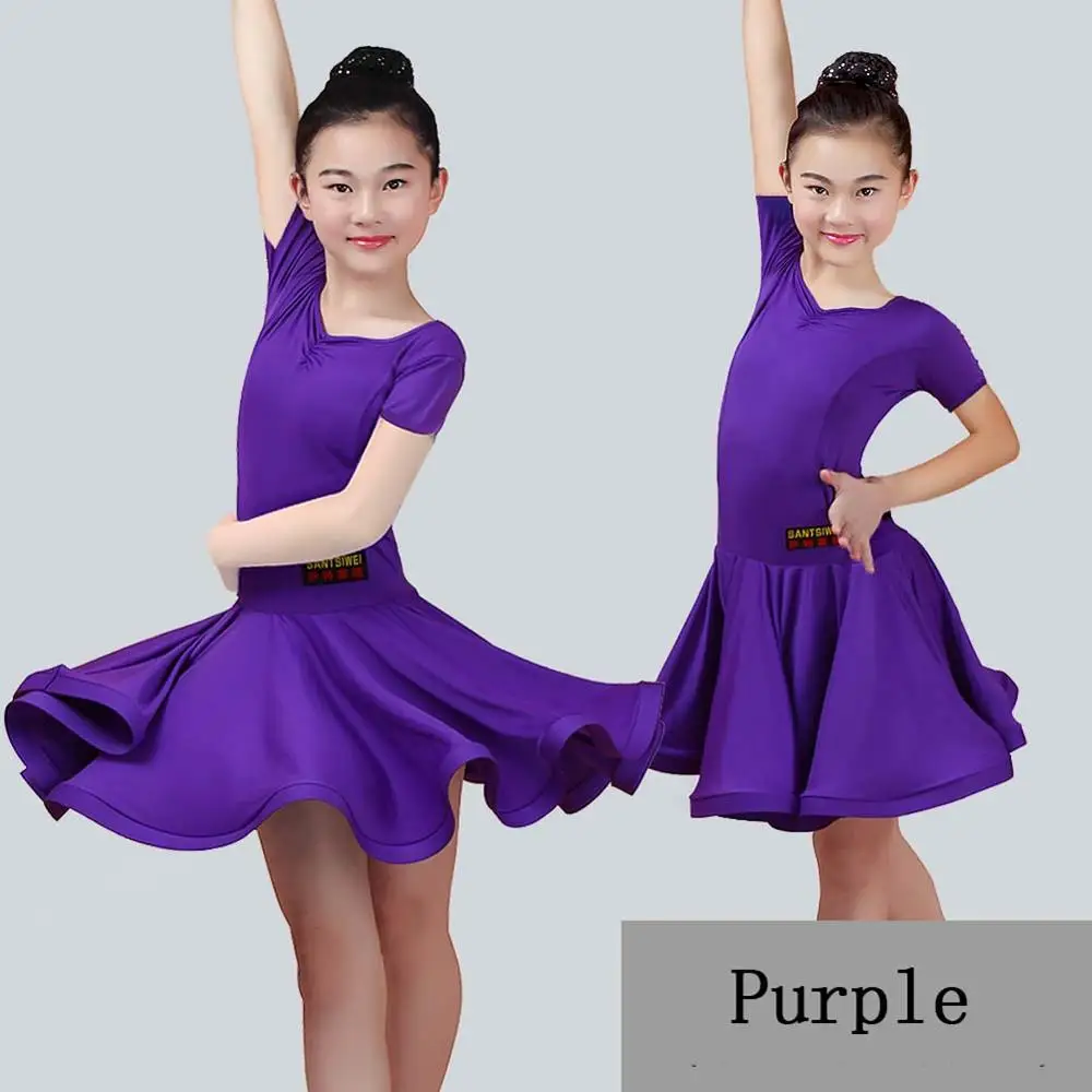 Purple Short Sleeve Девушка Латинской платье для танцев 3 вида цветов синий/розовый показывает девушка цыганские юбки индийские костюмы для детей презентации одежда - Цвет: Purple Short Sleeve