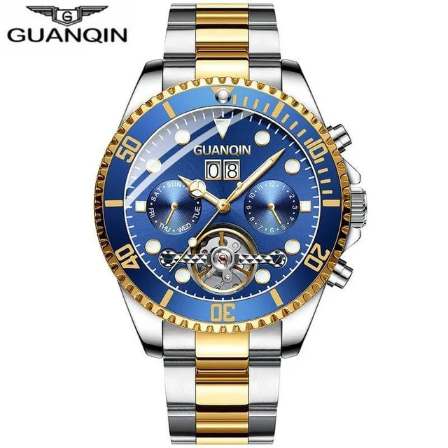 Gold Blue Мужские часы Топ бренд класса люкс GUANQIN механические часы зеленый водонепроницаемый Дата Неделя reogios masculinos de luxo - Цвет: Gold Blue