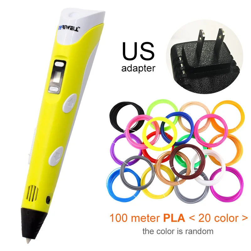 Myriwell, 3D ручка, светодиодный экран, сделай сам, 3D Ручка для печати, 100 м, ABS нити, креативная игрушка, подарок для детей, дизайнерский рисунок - Цвет: Yellow US-100m PLA