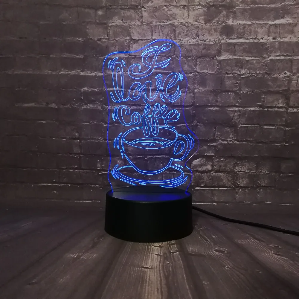 3D светодиодный Светильник-ночник, украшение для кофейни, лампа Love coffee USB, светильник для сна, 7 цветов, сменная USB Сенсорная база, иллюзия, Подарочная игрушка