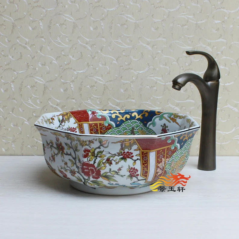 Jingdezhen Art Basin classic antique gold octagonal ceramic basin vanity washbasin |