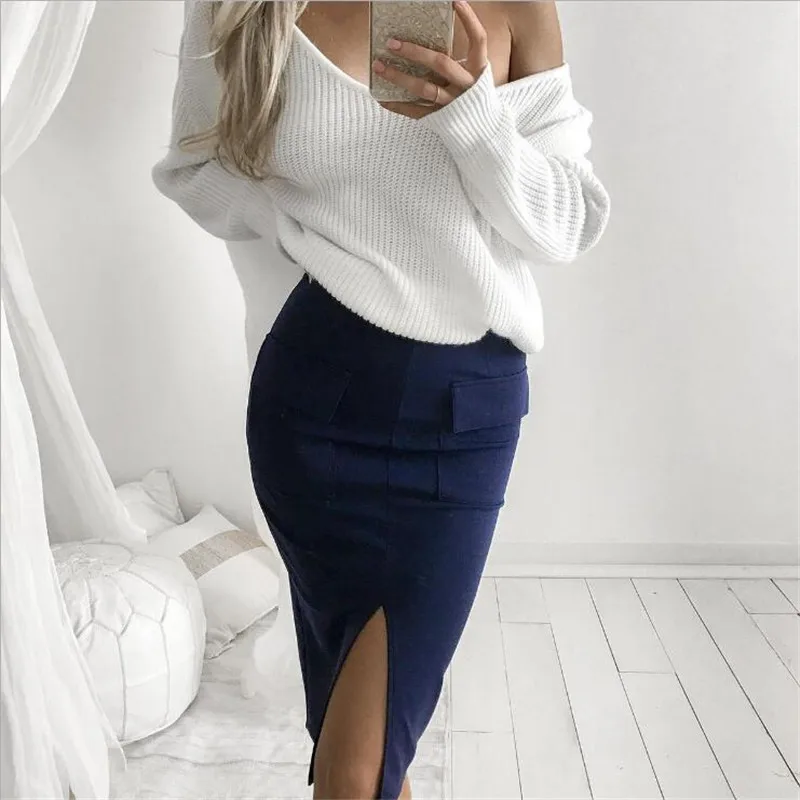 SIMPVALE сплошной цвет свободный с плеча свитер для женщин Slash шеи тонкий вязаный