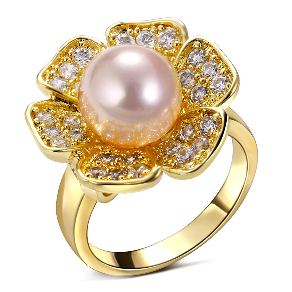Купи Nice Fashion Flower Ring With Pink/Gray/White/AB Gray/Cream Handmade Shell Pearls Anniversary Gift Gold color Rings for Women за 359 рублей в магазине AliExpress