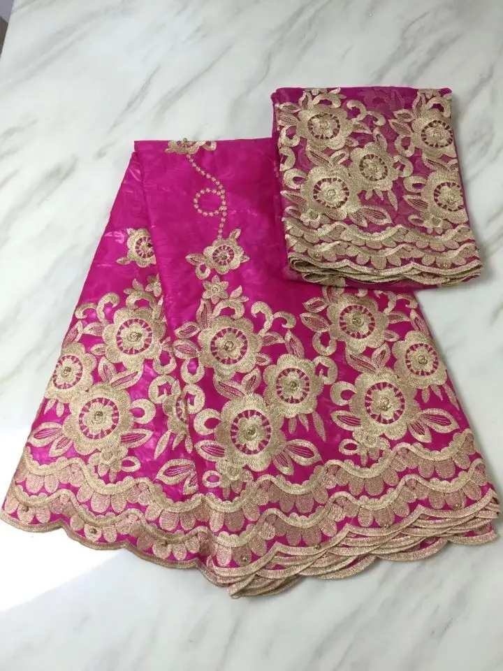 5 ярдов модная персиковая африканская парчовая кружевная ткань Bazin и 2 ярда