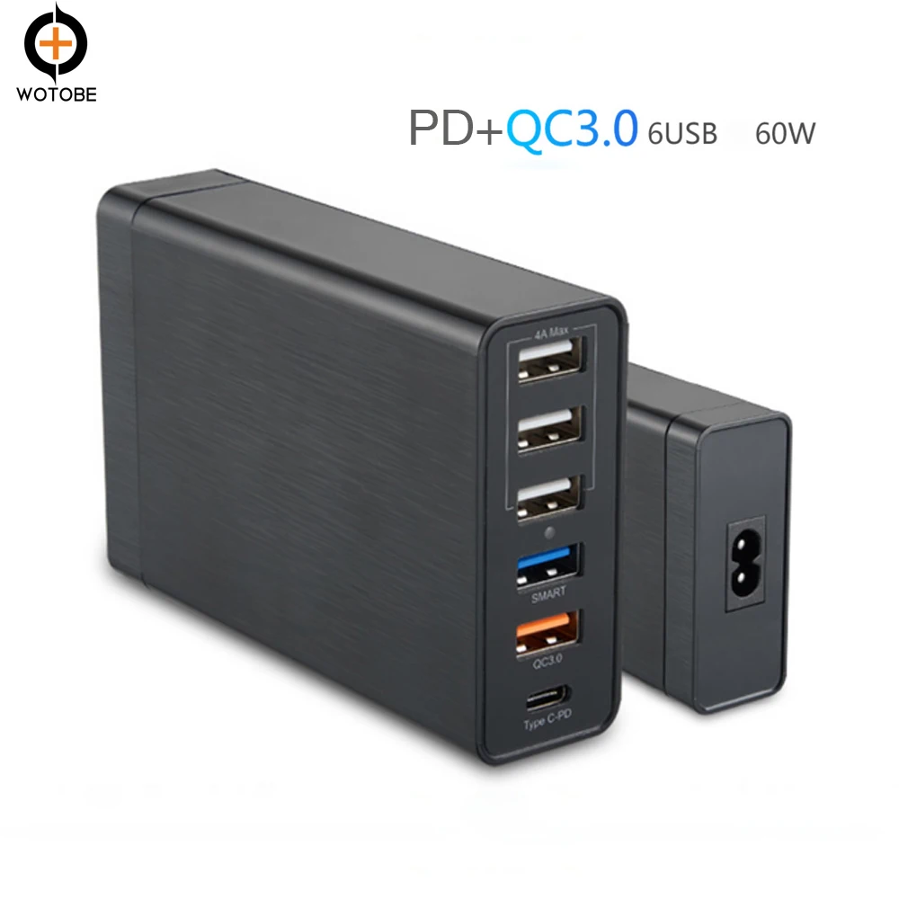 Многопортовый USB C быстрая Мощность адаптером PD 18 Вт QC3.0 18 Вт 12 Вт 5 Вт 60 Вт 6 USB зарядное устройство для мобильного телефона iPhone samsung huawei Mac book