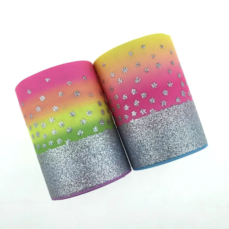 3&quot 75mm silver glitter printed with rainbow heat transfer grosgrain ribbon very soft to make big bow | Дом и сад